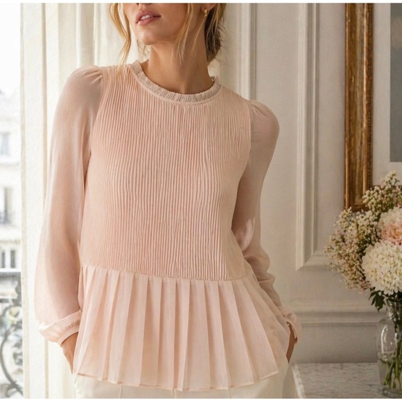 Ted Baker Tops - Ted Baker London Pleated Chiffon Blouse Women Size 0 Pink Peplum Sheer Sleeve